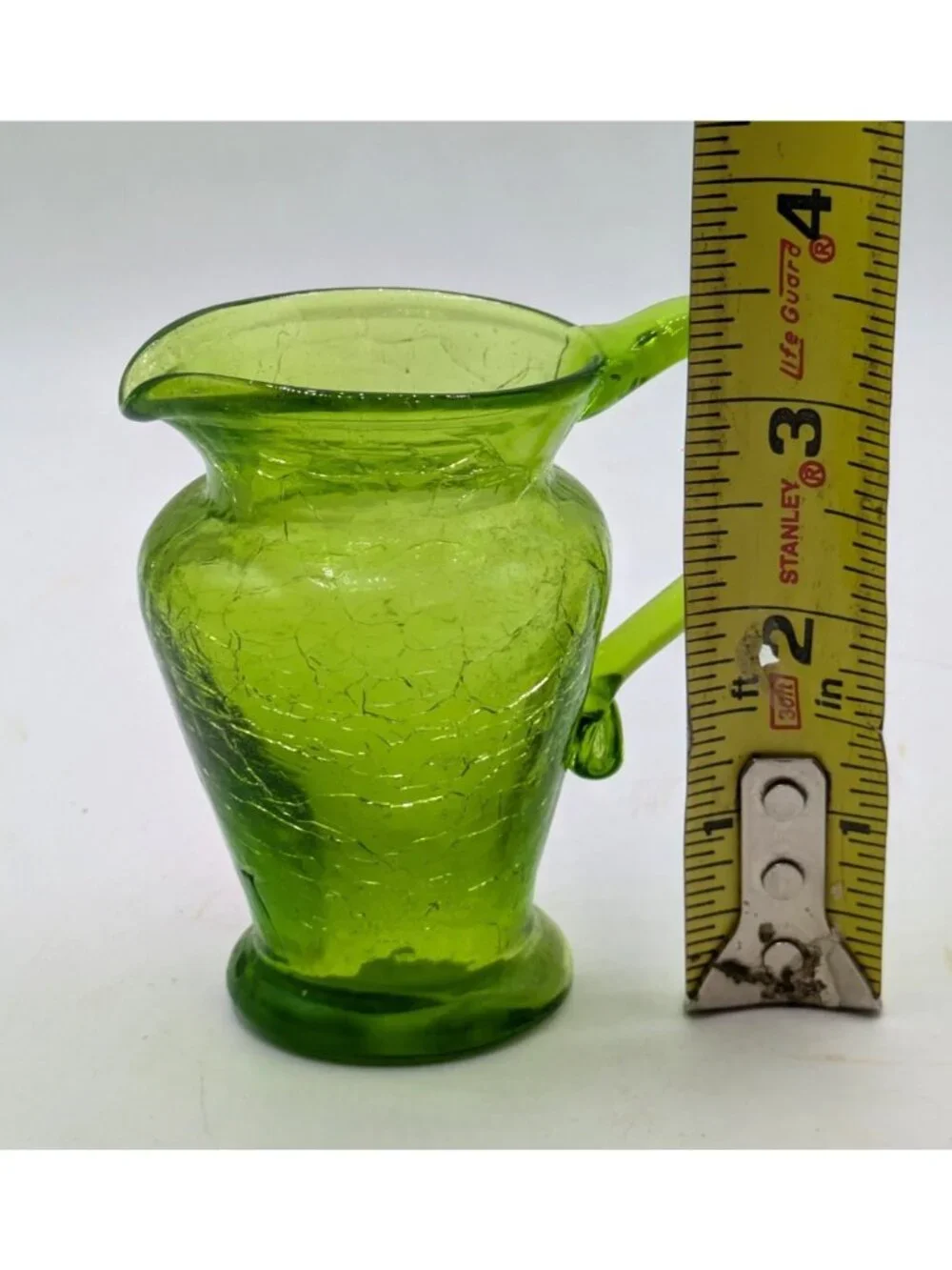 Vintage Green Crackle Glass Small Miniature Pitcher Hand Blown 3.5